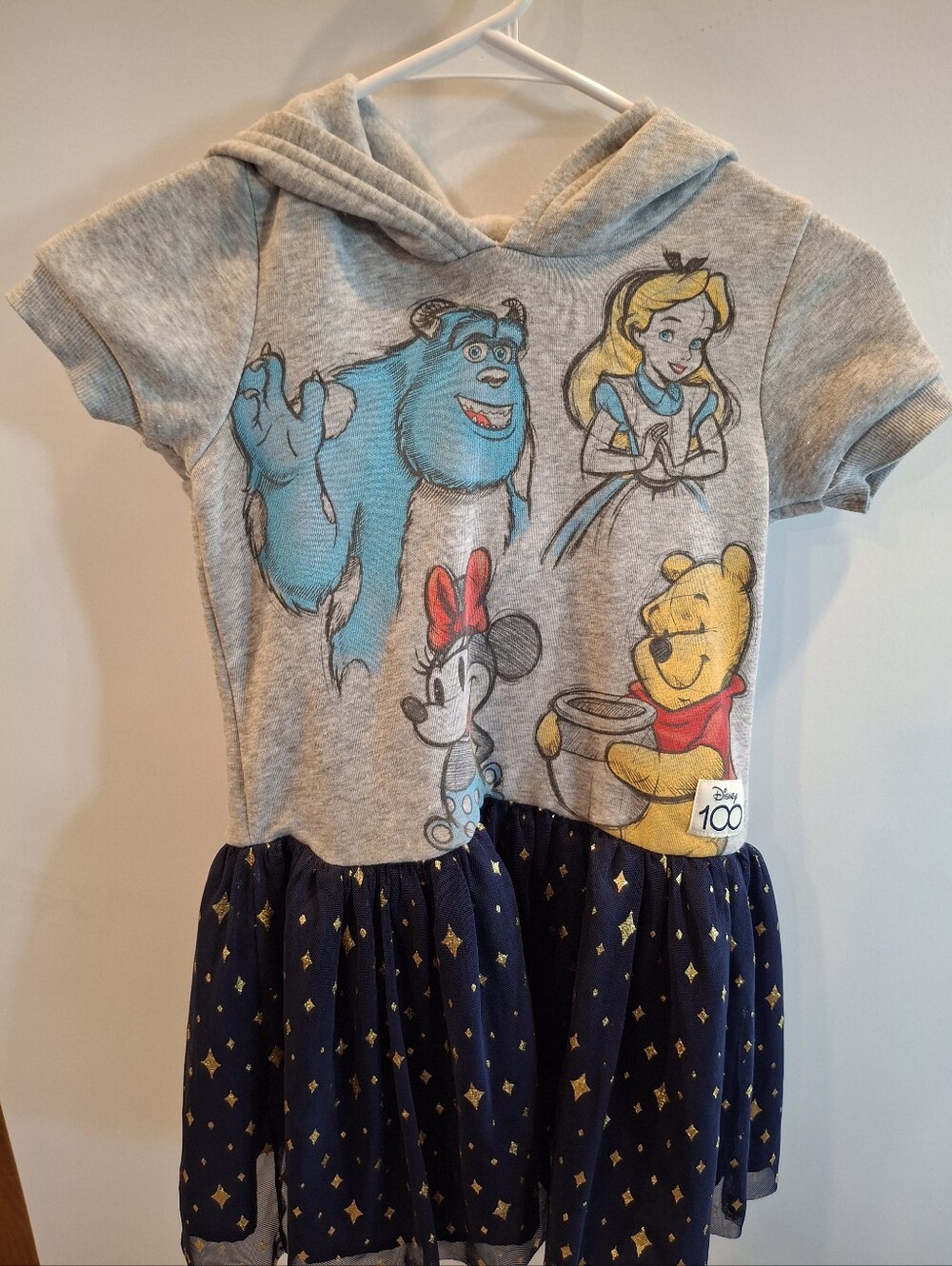Disney Grey Hoodie Dress with Navy Gold-Star Skirt and Classic Characters